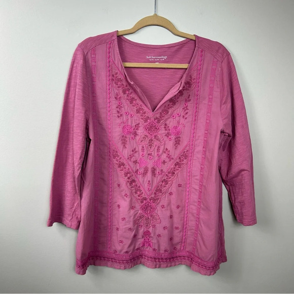 Soft Surrounding 20" sleeve embroidered pink top blouse tunic Sz L - Picture 1 of 8
